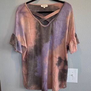 Sweet Lovely Tie-Dye V-Neck Women Top with Flutter Sleeves